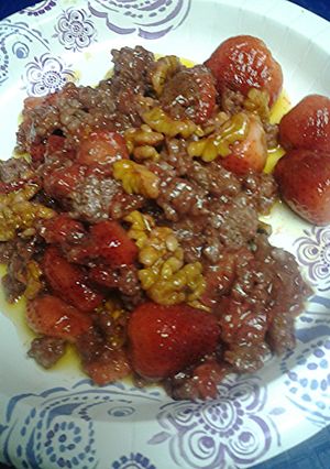 A picture of Sausage, strawberries, and walnuts.
