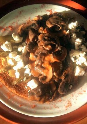 A picture of Sig's Green Asparagus and Creamy Garlic Mushroom Stack with Feta.
