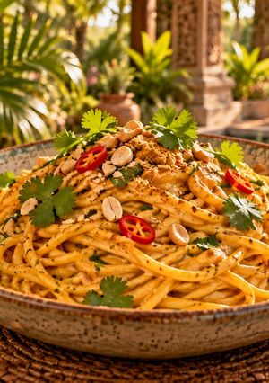 Foto di Spaghetti in crema di cocco con arachidi e curry