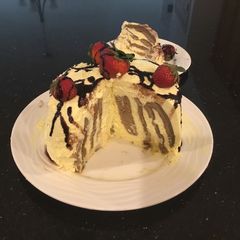 A picture of Vertical Chocolate Layer Cake with French Vanikka Cream Frosting.