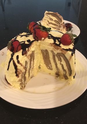 A picture of Vertical Chocolate Layer Cake with French Vanikka Cream Frosting.