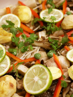 A picture of Mushrooms and Chestnuts in Autumn-Coloured Paella.
