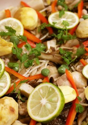 A picture of Mushrooms and Chestnuts in Autumn-Coloured Paella.