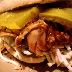 A picture of Shredded barbeque chicken sandwiches from pressure cooked chicken.
