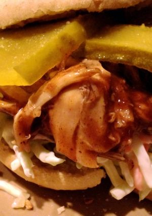 A picture of Shredded barbeque chicken sandwiches from pressure cooked chicken.