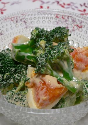 A picture of Broccoli and Egg Salad with Oyster Sauce and Mayonnaise.