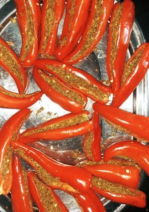 A picture of Stuffed Red Chilli pickle🌶️.
