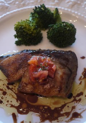 A picture of Sautéed Amberjack with Balsamic Vinegar.