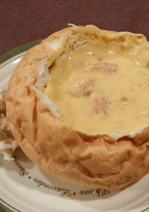 A picture of Potato bacon cheddar Soup.