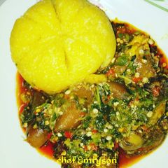 Okro soup with pomo A picture of Okro soup with pomo.