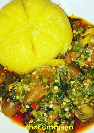 A picture of Okro soup with pomo.