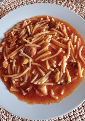 A picture of Stewed Noodles with Mussels and Squid.