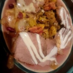 A picture of Roast Beef w/Cabbage and Kidney beans, ShroomGravy, Roast Taters.