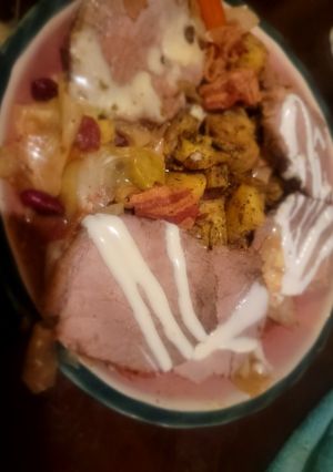 A picture of Roast Beef w/Cabbage and Kidney beans, ShroomGravy, Roast Taters.