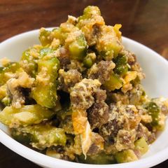 A picture of Eggy Bitter Melon with Beef Tapa Stir Fry • Ampalaya / Bitter Gourd.