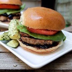 A picture of Turkey Burgers with Balsamic-Fig Preserves and Roasted Parmesan Zucchini Sticks.