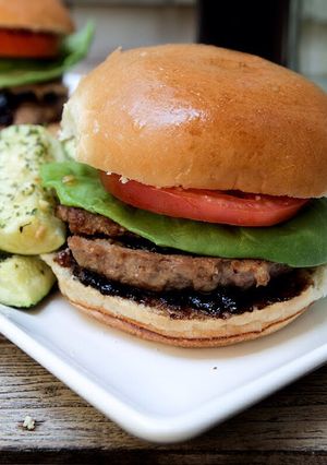 A picture of Turkey Burgers with Balsamic-Fig Preserves and Roasted Parmesan Zucchini Sticks.