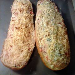 A picture of Brad's ceviche garlic bread.