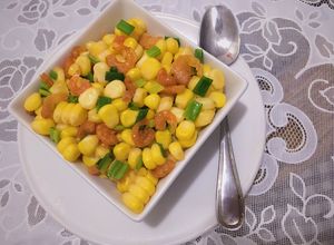 Hình của món Bắp xào tôm khô mỡ hành.