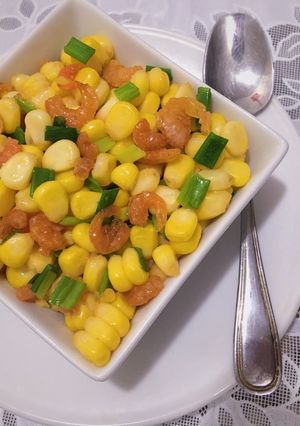 Hình của món Bắp xào tôm khô mỡ hành.