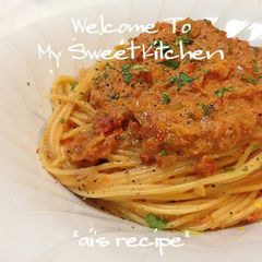A picture of Crab Tomato Cream Pasta Using Tinned Crabmeat.