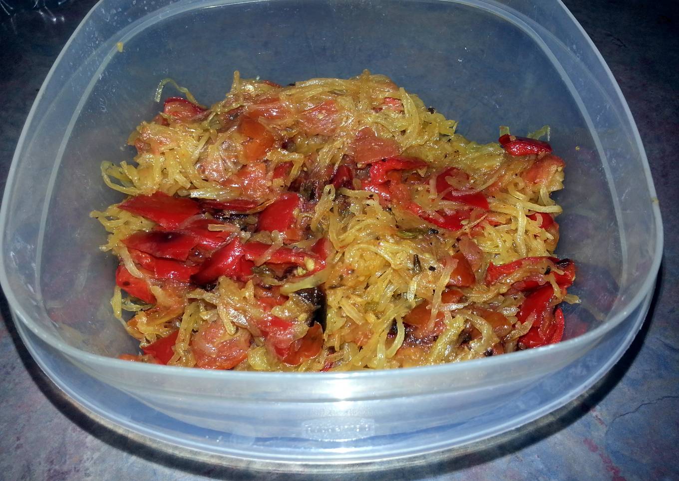 Roasted red pepper and tomato with spaghetti squash and fresh herbs