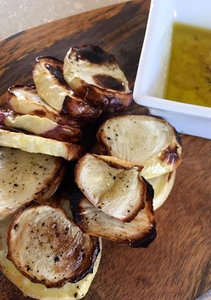 A picture of Grilled Baby Turnips with Garlic Oil.