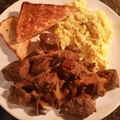 A picture of Sirloin Steak Bites and Eggs.