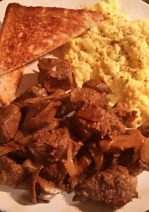 A picture of Sirloin Steak Bites and Eggs.