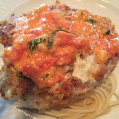A picture of Farewell Parmesan Crusted Chicken w/light Basil, Tomato, Scampi Cream Sauce.