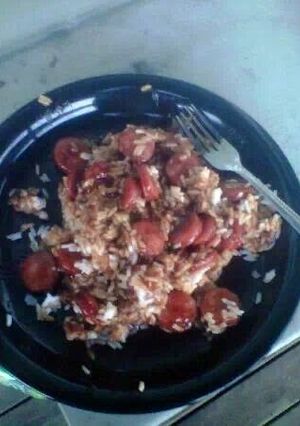 A picture of Kielbasa and Rice.