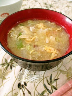 A picture of Chinese Cabbage & Egg Miso Soup With Bonito Flakes.