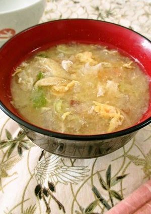 A picture of Chinese Cabbage & Egg Miso Soup With Bonito Flakes.