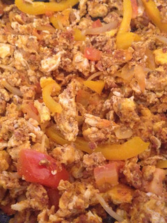A picture of Chorizo with eggs.