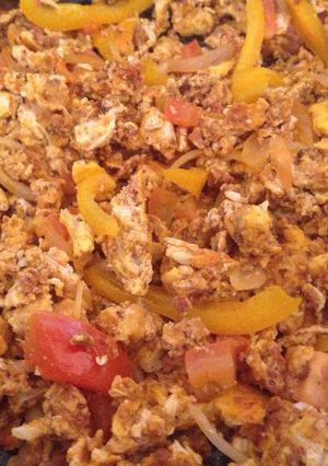 A picture of Chorizo with eggs.