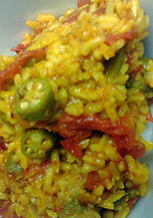 A picture of Okra tomatoes and rice.