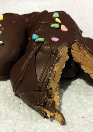 A picture of Peanut butter chocolate eggs.
