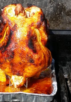 A picture of Beer can chicken.