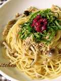 Japanese-style Pasta with Chicken Soboro and Shimeji Mushroom dressed in Pickled Plum Sauce