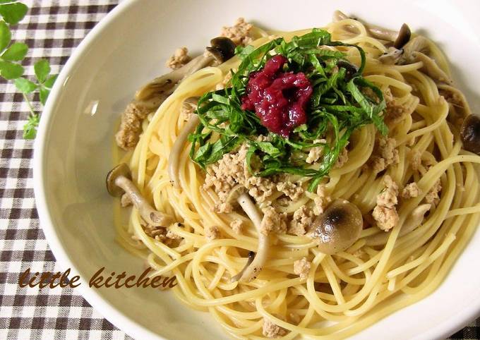 Easiest Way to Prepare Perfect Japanese-style Pasta with Chicken Soboro and Shimeji Mushroom dressed in Pickled Plum Sauce