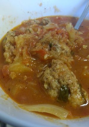 A picture of Spaghetti squash with meatball soup.