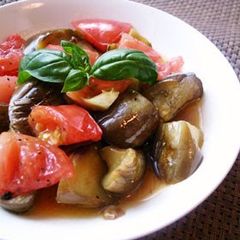 A picture of Eggplant & Tomato Salad in a Garlic-Flavored Marinade.
