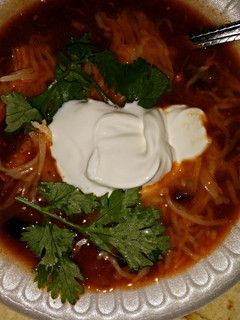 A picture of Black bean and chicken fiesta soup.