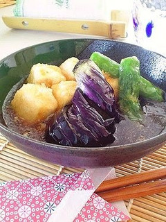 A picture of Agedashi Deep-Fried Tofu and Eggplant.