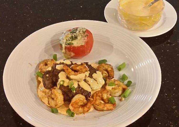 Recipe of Homemade Seared Steak and Shrimp with Sriracha Hollindaise and Roasted Tomatoes