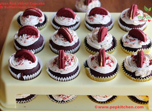A picture of Eggless Red Velvet Cupcake With Buttercream Icing.