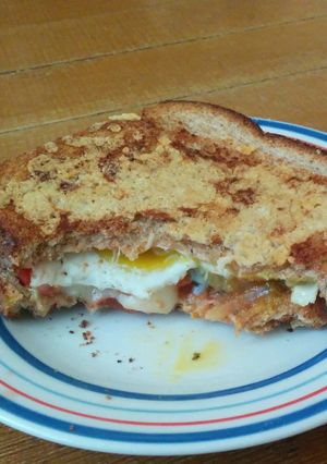 A picture of Grilled Cheese with Fried Egg and Salsa.