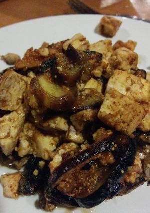 A picture of Fig & tofu stuffed mushrooms.