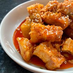 Slow cooked sticky gochujang pork belly A picture of Slow cooked sticky gochujang pork belly.
