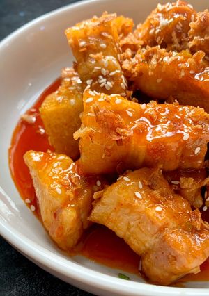 A picture of Slow cooked sticky gochujang pork belly.